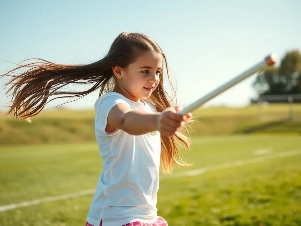 A dynamic shot of a young girl confidently performing a twirling routine with a baton, set against a backdrop of a sunny outdoor practice field. The image captures the energy and precision of twirling.