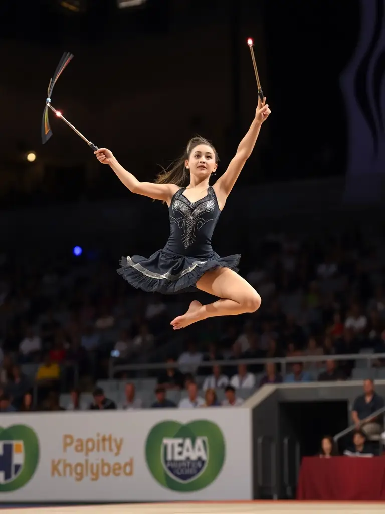 An advanced twirler executes a complex aerial move with the baton, displaying exceptional skill and athleticism.