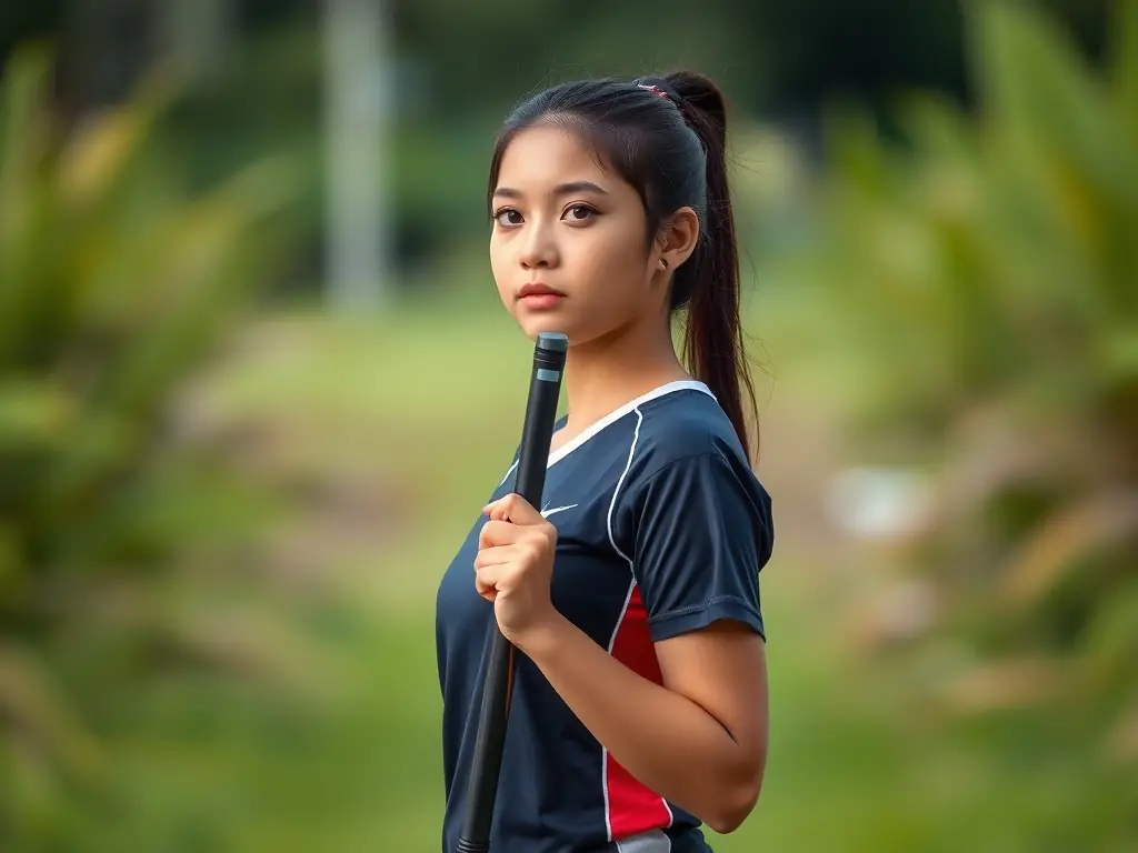 A twirler standing tall and confident, holding a baton, symbolizing discipline, focus, and self-assurance.