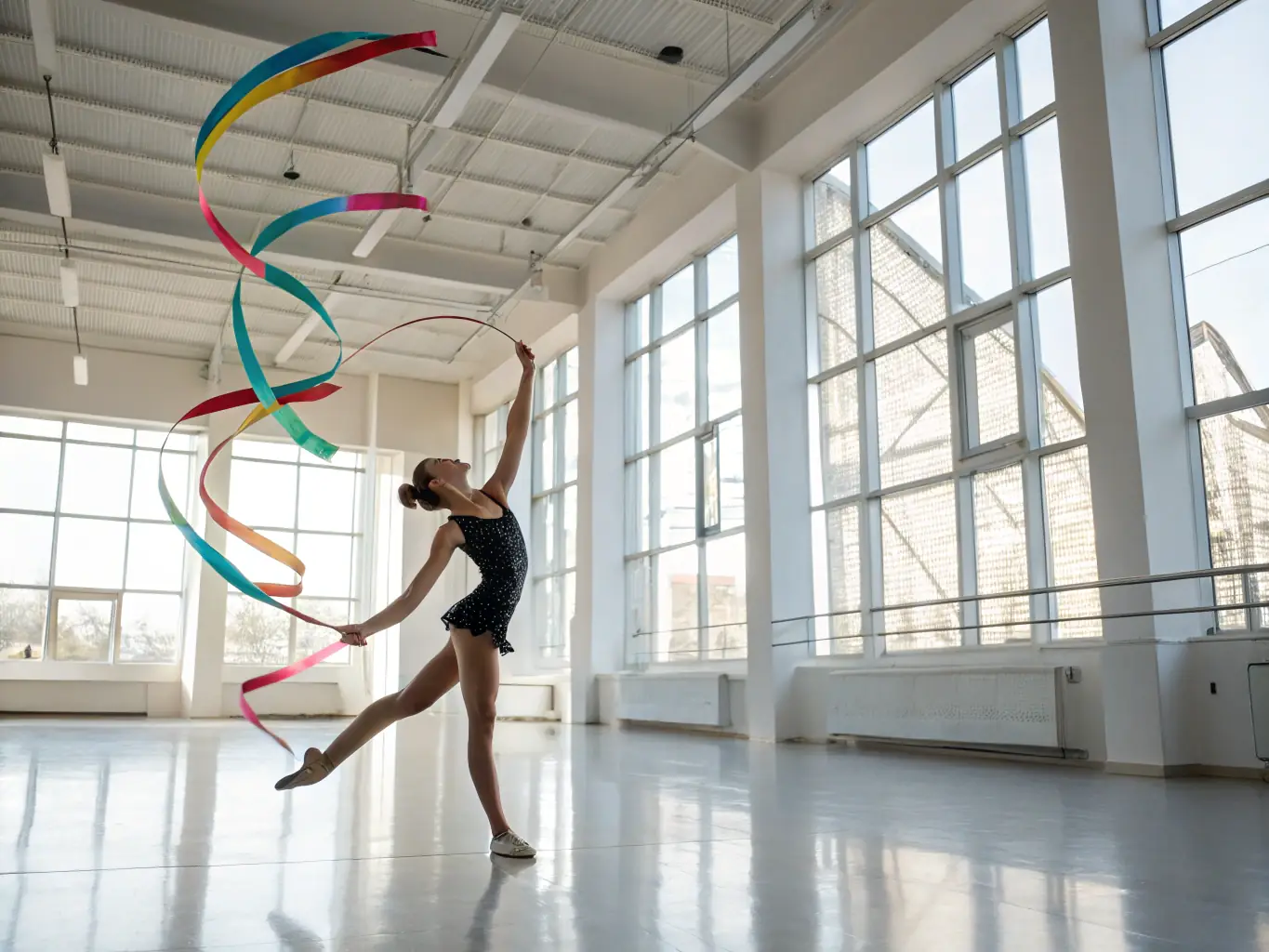 A twirler performing a complex routine with multiple batons during a competition, showcasing skill and artistry.