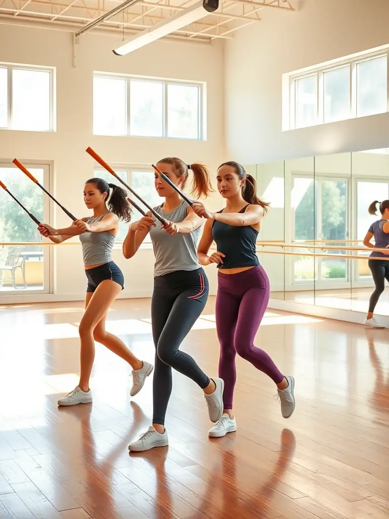 A group of children in matching outfits practice synchronized twirling routines, demonstrating teamwork and coordination.