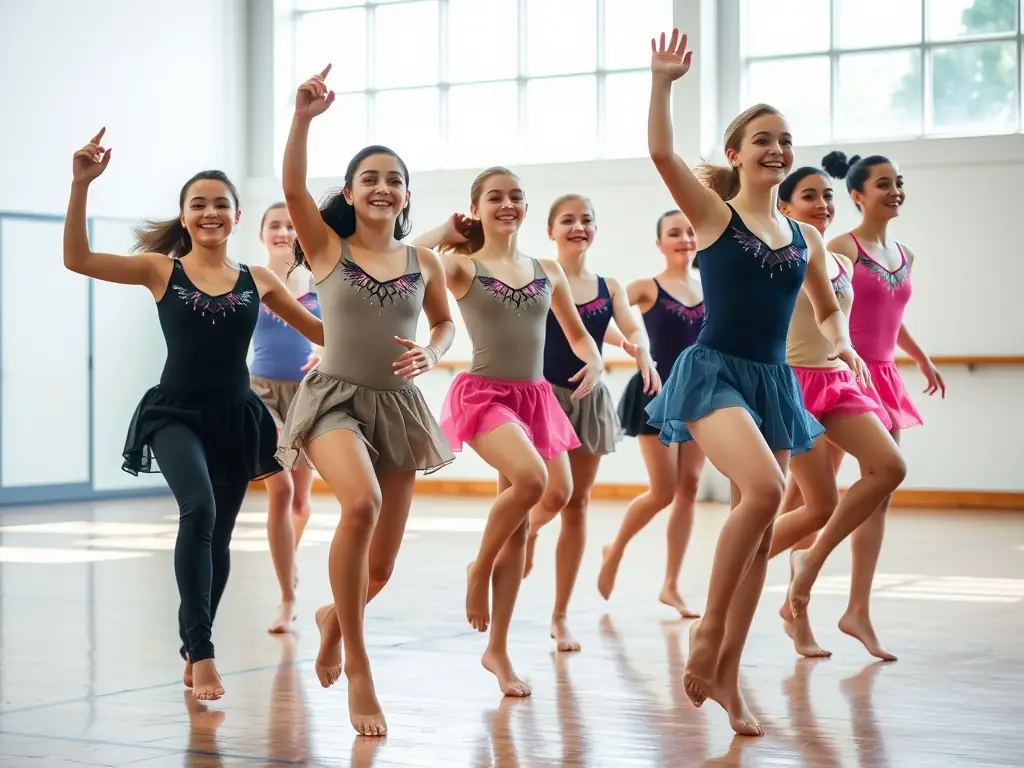 A group of teenagers practicing a synchronized twirling routine indoors, showcasing their teamwork and precision. The image highlights the discipline and artistry involved in advanced twirling.