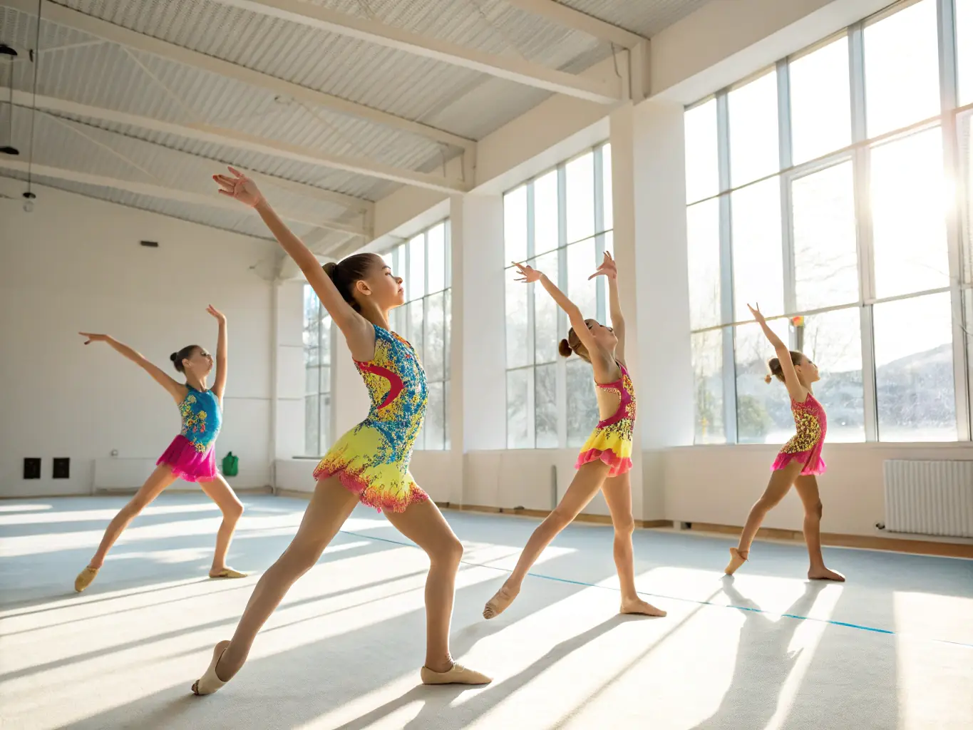 A group of young twirlers practicing synchronized routines in a gymnasium, showcasing their coordination and teamwork.