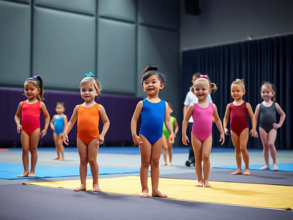 A group of young twirlers practicing baton techniques in a gymnasium, focusing on precision and coordination.