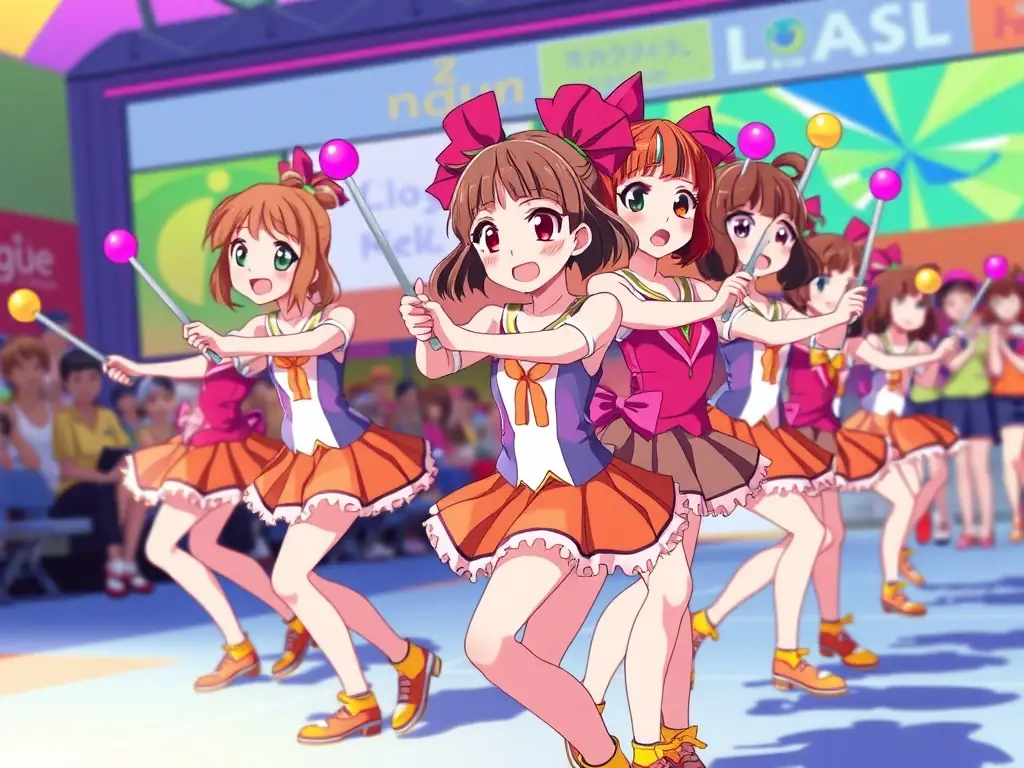 A group of young twirlers in uniform, smiling and performing synchronized routines with their batons in a sunny park.