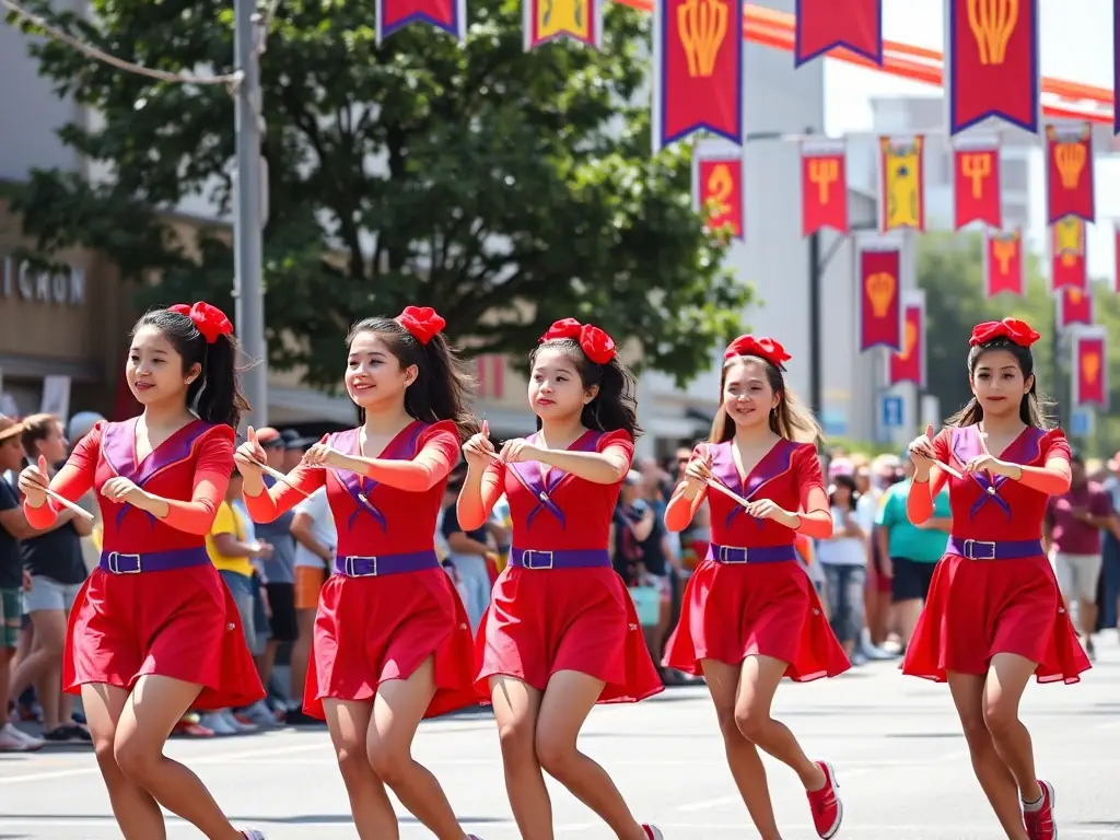 An image of a twirler performing a complex routine with a baton, demonstrating skill and precision.