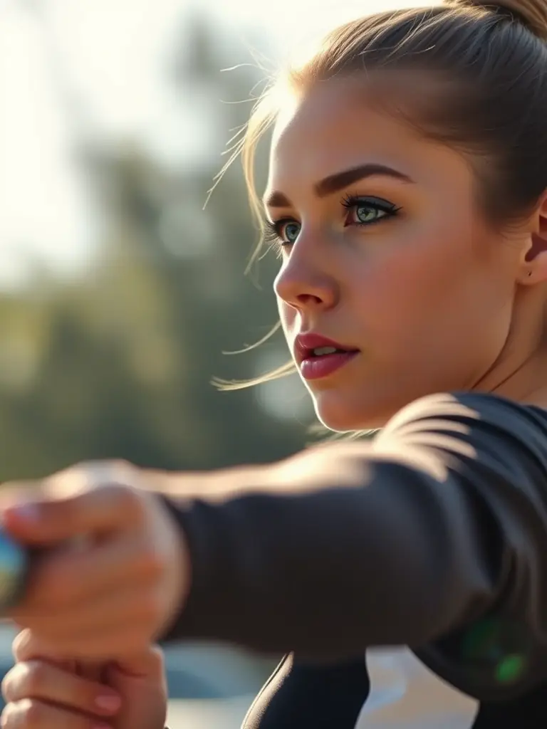 A young girl in a sparkling blue twirling costume expertly spins a baton during a competition, showcasing precision and grace.